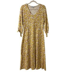 Amour Vert Cali Reverie Organic Cotton Jersey Midi Dress Yellow Floral Large
